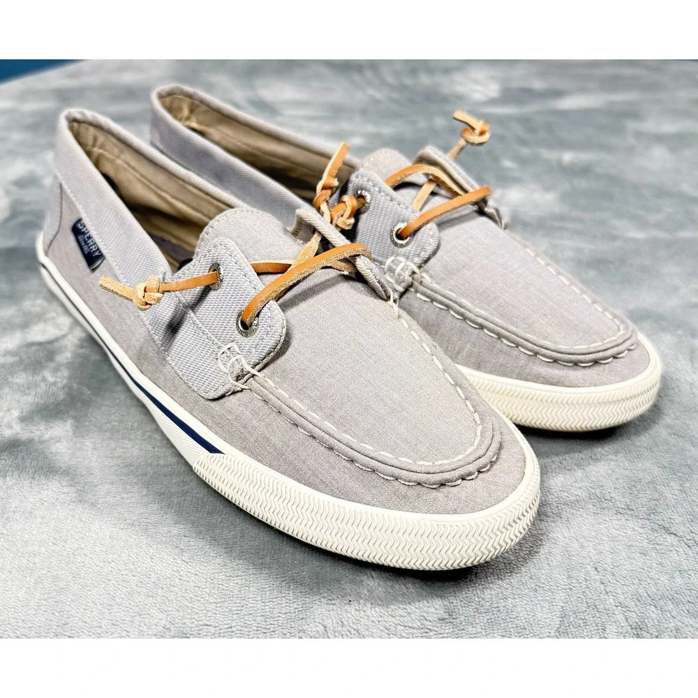 Sperry Boat Shoes Womens 8.5 Gray Canvas Leather Lace Slip On Casual